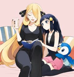  2girls age_difference beak black_nails black_thighhighs blonde_hair book casual commentary cup cynthia_(pokemon) dawn_(pokemon) drinking_glass leaning_on_person long_hair looking_at_another multiple_girls nail_polish open_book pillow pink_skirt piplup pokemon pokemon_(creature) pokemon_dppt sitting skirt sleeveless thighhighs very_long_hair yukin_(es) 