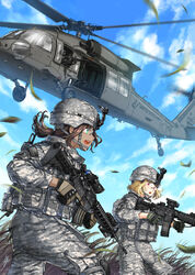  2girls action aircraft assault_rifle blonde_hair body_armor brown_hair camouflage cloud commentary day digital_camouflage fisheye foregrip glasses gloves grass green_eyes gun helicopter helmet kws leaf load_bearing_vest long_hair looking_at_another looking_to_the_side m240 m4_carbine machine_gun medium_hair military military_uniform multiple_girls open_mouth original outdoors photoshop_(medium) ponytail red_eyes rifle running safety_glasses sky soldier trigger_discipline uh-60_blackhawk uniform walkie-talkie weapon wind 