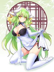  bad_id bad_pixiv_id black_ribbon bow breasts c.c. china_dress chinese_clothes cleavage cleavage_cutout closed_mouth clothes_lift clothing_cutout code_geass cosplay dress dress_lift elbow_gloves fate/grand_order fate_(series) female floating_hair full_body gloves green_hair hair_between_eyes hairbow highres horns kiyohime_(fate) kiyohime_(fate)_(cosplay) large_breasts lifting_own_clothes long_hair looking_at_viewer no_shoes panties ribbon rx7649 side-tie_panties sleeveless sleeveless_dress smile solo thighhighs underwear very_long_hair white_dress white_gloves white_thighhighs yellow_bow yellow_eyes 