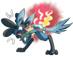  anthro ass bottomwear burn burning butt_on_fire canid canine clothing fight fire fluffy fur generation_4_pokemon humor looking_back lucario mammal nintendo open_mouth pain panicking pants pokemon pokemon_(species) portugueselynx screaming solo warm 