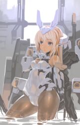  absurdres baselard black_pantyhose blonde_hair blush breasts commentary_request elbow_gloves female frame_arms_girl gloves green_eyes headgear highres leotard long_hair mecha_musume mechanical_parts medium_breasts pantyhose puribate_(helgoland) shiny_clothes solo standing wading wet wet_clothes white_gloves white_leotard 