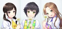  3girls black_hair blush brown_eyes brown_hair closed_mouth commentary_request enogu fujiya_takao green_eyes green_necktie highres hinata_nao_(iwamotochou_geinousha) iwamotochou_geinousha kurihara_sakurako long_hair looking_at_viewer low_twintails medium_hair multiple_girls natsume_haru necktie open_mouth puffy_short_sleeves puffy_sleeves short_hair short_sleeves short_twintails smile teeth twintails upper_teeth_only virtual_youtuber 