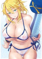  ahoge arm_support artoria_pendragon_(fate) artoria_pendragon_(lancer)_(fate) bare_shoulders baseball_cap bikini blonde_hair blue_eyes blush breasts cleavage closed_mouth collarbone commentary_request cosplay covered_nipples fate/grand_order fate_(series) female hair_between_eyes hat highleg highleg_bikini holding holding_weapon huge_breasts lips medium_hair mysterious_heroine_xx_(fate) mysterious_heroine_xx_(fate)_(cosplay) navel nipples ponytail revision see-through side-tie_bikini_bottom sidelocks skindentation smile soba_(saz) stomach string_bikini sweat swimsuit thighs underboob unworn_hat unworn_headwear weapon white_bikini 