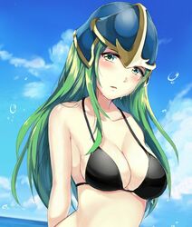  aone_hiiro arms_behind_back bad_id bad_twitter_id bikini black_bikini blue_sky blurry blurry_background blush breasts cleavage cloud collarbone commentary_request day female fire_emblem fire_emblem:_path_of_radiance green_eyes green_hair helmet highres long_hair looking_at_viewer medium_breasts nephenee_(fire_emblem) outdoors sky solo straight_hair swimsuit upper_body 