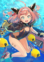  :d ahoge air_bubble animal arched_back azur_lane black_one-piece_swimsuit blush body_writing breasts brown_eyes bubble character_name commentary_request cross day female fish freediving gloves hairband highres holding iron_cross leaning_forward long_sleeves one-piece_swimsuit open_mouth outdoors puffy_long_sleeves puffy_sleeves red_footwear red_hair round_teeth rudder_footwear shoes single_sleeve small_breasts smile solo swimsuit teeth two_side_up u-81_(azur_lane) underwater upper_teeth_only water white_hairband yellow_gloves yuko_(uc_yuk) 