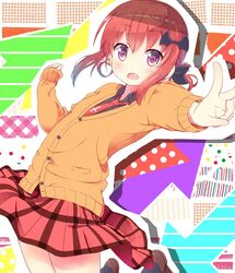  bat_hair_ornament black_shirt blush character_cutout collared_shirt commentary_request cross female flat_chest gabriel_dropout hair_ornament hair_ribbon jabittoson jumping looking_at_viewer multicolored_background necktie oerba_yun_fang open_mouth orange_sweater_vest pleated_skirt red_eyes red_hair red_skirt ribbon satanichia_kurumizawa_mcdowell shirt shoes skirt socks solo sweater_vest thighs v 