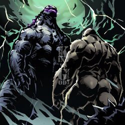  2boys ape ass bara battle commentary facing_down facing_up furry furry_male godzilla godzilla_(monsterverse) godzilla_(series) godzilla_vs._kong jacketbear kaijuu king_kong king_kong_(series) lightning male_focus monster monsterverse multiple_boys muscular muscular_male photoshop_(medium) powering_up rivals size_difference storm watermark 