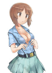  :o absurdres aoshidan_school_uniform bad_id bad_pixiv_id belt black_belt blue_shirt breasts brown_eyes brown_hair cleavage collared_shirt commentary cowboy_shot ennui_orz female girls_und_panzer green_skirt highres medium_breasts miniskirt nishizumi_miho open_mouth pleated_skirt school_uniform shirt short_hair short_sleeves simple_background skirt standing suspender_skirt suspenders suspenders_slip unbuttoned unbuttoned_shirt white_background 