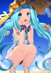  bare_shoulders bikini blue_hair blue_sky braid commentary_request day dress eyes_visible_through_hair female granblue_fantasy hair_ornament hat highres hiyaya_(kochi_michikaze) long_hair looking_at_viewer lyria_(daughter_of_pearl)_(granblue_fantasy) lyria_(granblue_fantasy) official_alternate_costume outdoors parted_bangs sandals shell_hair_ornament sky smile solo star_(symbol) star_hair_ornament swimsuit teeth upper_teeth_only very_long_hair wrist_cuffs 