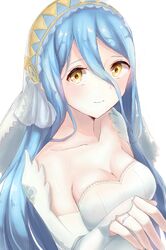  aone_hiiro azura_(fire_emblem) blue_hair breasts cleavage closed_mouth collarbone commentary_request detached_sleeves dress female fire_emblem fire_emblem_fates hair_between_eyes highres jewelry long_hair long_sleeves looking_at_viewer medium_breasts ring simple_background smile solo strapless strapless_dress upper_body veil very_long_hair wedding_dress wedding_ring white_background white_dress white_sleeves yellow_eyes 