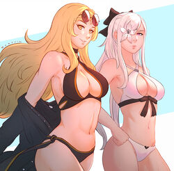  2girls bikini black_hair blonde_hair bow braid braided_bangs breasts cleavage commentary drag-on_dragoon drag-on_dragoon_3 eyewear_on_head five_(drag-on_dragoon) flower grin hair_over_one_eye hairbow highres jacket koyorin long_hair looking_at_viewer multiple_girls navel photoshop_(medium) purple_eyes single_braid smile sunglasses sweat swimsuit very_long_hair white_bikini yellow_eyes zero_(drag-on_dragoon) 