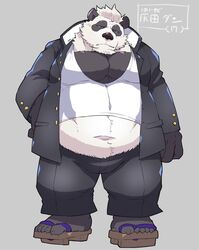  2019 anthro bear belly black_body black_fur bottomwear clothed clothing fur giant_panda hi_res male mammal navel open_clothing open_shirt open_topwear overweight overweight_anthro overweight_male pants scar shirt solo star_parlor topwear white_body white_fur 