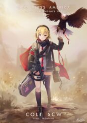  american_flag armband asymmetrical_legwear bag bald_eagle bird blonde_hair boots buckle character_name commentary dated dust eagle explosion female fourth_of_july full_body gadsden_flag girls&#039;_frontline gloves gun hair_between_eyes hand_up head_tilt highres hiroki_ree holding holding_bag jacket kneehighs long_hair red_scarf rifle scarf scw_(girls&#039;_frontline) scw_(gun) short_hair signature single_kneehigh single_sock single_thighhigh skindentation smile snap-fit_buckle socks solo thigh_strap thighhighs uneven_legwear weapon wind 