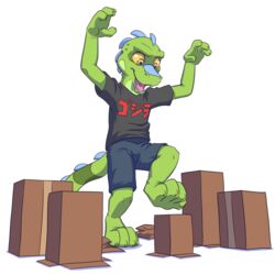  1:1 anthro box cardboard cardboard_box clothed clothing container feet godzilla godzilla_(series) green_body green_scales hi_res iguana iguanid japanese_text kaiju lizard male reptile rick_(savestate) savestate scales scalie smile solo stepping sub-tympanic_shield tail text tim_weeks toho young young_anthro 