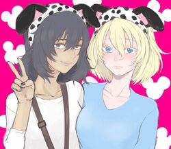  2girls absurdres andou_(girls_und_panzer) animal_ears banira_(oocooocooocoo) black_hair blonde_hair blue_eyes blue_shirt blush brown_eyes casual closed_mouth commentary dark-skinned_female dark_skin disney eyelashes fake_animal_ears frown girls_und_panzer highres long_sleeves looking_at_viewer medium_hair messy_hair mickey_mouse_ears mouse_ears multiple_girls oshida_(girls_und_panzer) pink_background pose shirt side-by-side smile suspenders v white_shirt 