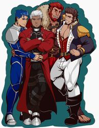  4boys absurdres archer_(fate) arm_around_shoulder bara beard blue_eyes blue_hair boots brown_hair cape commentary cu_chulainn_(fate) cu_chulainn_(fate/stay_night) dark_skin earrings epaulettes facial_hair fate/grand_order fate/stay_night fate/zero fate_(series) full_body goatee hand_on_another&#039;s_shoulder highres iskandar_(fate) jewelry k0utato large_pectorals leather leather_boots leg_up long_sideburns long_sleeves looking_at_viewer male_focus mature_male multiple_boys muscular muscular_male napoleon_bonaparte_(fate) pants pectorals ponytail red_eyes red_hair scar sideburns smile thighs uniform white_hair white_pants 