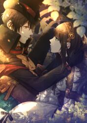  1boy ariake_aria arsene_lupin_(code:realize) ascot black_gloves black_headwear bow brown_eyes brown_gloves brown_hair cardia_beckford clenched_hand code:realize commentary_request dress eye_contact female frilled_dress frills gear_hair_ornament gloves green_eyes hand_up hat long_sleeves looking_at_another sitting smile straight 