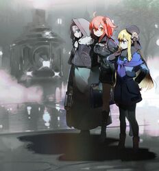  3girls ahoge blonde_hair cloak fate/grand_order fate_(series) fog fujimaru_ritsuka_(female) gray_(lord_el-melloi_ii) grey_hair hat hood hooded_cloak long_hair multiple_girls namie-kun orange_hair pantyhose reines_el-melloi_archisorte side_ponytail skirt suitcase tree 