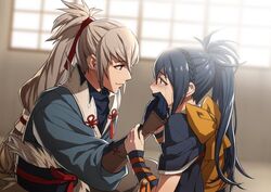  1boy black_gloves black_kimono blue_hair blue_shirt bow braid commentary_request crown_braid eye_contact female fire_emblem fire_emblem_fates gloves grey_hair hair_ribbon indian_style indoors japanese_clothes kimono long_hair long_sleeves looking_at_another lowres minato_(robin) oboro_(fire_emblem) ponytail protected_link red_eyes red_ribbon ribbon shirt sitting takumi_(fire_emblem) upper_body very_long_hair yellow_bow 