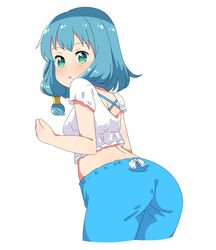  ass blue_hair blue_pants commentary_request crop_top endro! female from_behind green_eyes highres hk_(skxt8348) leaning_forward looking_back meiza_endust midriff open_mouth pants shirt short_hair simple_background solo white_background white_shirt 