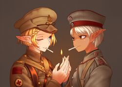  2girls blonde_hair blue_eyes blunt_bangs bob_cut braid buttons cigarette commentary cross dark-skinned_female dark_elf dark_skin dorotabou_(dieter) elf epaulettes eye_contact eyelashes fire german_commentary hat lighting_cigarette load_bearing_equipment looking_at_another matches medic military military_uniform mouth_hold multiple_girls one_eye_closed original peaked_cap pointy_ears red_cross red_eyes rod_of_asclepius short_hair side_braid smile soldier swept_bangs texture uniform upper_body white_hair world_war_i 