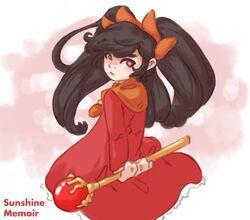  arms_behind_back ashley_(warioware) black_hair bow dress female frills khiuly long_hair looking_back orange_bow red_dress red_eyes tiara twintails wand warioware 