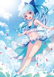  :d bare_arms bare_legs bikini blue_bikini blue_bow blue_eyes blue_hair blue_theme bow cloud collarbone commentary_request female flower_knight_girl full_body glint hairbow high_ponytail kusumoto_miya long_hair looking_at_viewer navel nerine_(flower_knight_girl) ocean open_mouth outdoors outstretched_arms petals ponytail sky smile solo spread_arms standing swimsuit water 