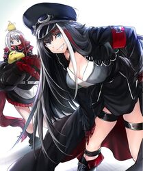  2girls admiral_graf_spee_(azur_lane) azur_lane belt black_dress black_hair black_jacket blue_eyes breasts claws cleavage commentary_request cross deutschland_(azur_lane) dress goggles goggles_on_headwear hat iron_cross jacket large_breasts lefthand long_hair long_sleeves looking_at_viewer manjuu_(azur_lane) multicolored_hair multiple_girls red_hair scarf short_hair smile streaked_hair very_long_hair white_hair 