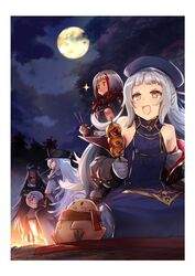  4girls admiral_graf_spee_(azur_lane) azur_lane bare_shoulders black_headwear blue_headwear blunt_bangs breasts campfire cloud cloudy_sky coat commentary_request cross crossed_arms deutschland_(azur_lane) dress eating food_in_mouth full_moon gloves graf_zeppelin_(azur_lane) grey_hair hand_fan hat highres iron_cross lefthand long_hair manjuu_(azur_lane) medium_breasts military_hat moon mouth_hold multicolored_hair multiple_girls night off_shoulder open_mouth outdoors paper_fan profile red_hair scarf short_hair sitting skewer sky sleeveless small_breasts sparkle standing tree two-tone_hair uchiwa underboob white_gloves yellow_eyes z46_(azur_lane) 