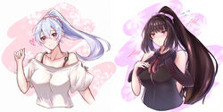  2girls :o alternate_costume alternate_hairstyle bare_shoulders black_hair black_shirt blush bow breasts chiyuyu_18 collarbone commentary_request fate/grand_order fate_(series) floral_background grey_hair hair_between_eyes hair_ornament hair_scrunchie hairbow hand_on_own_chest heart large_breasts long_hair looking_at_viewer mitsudomoe_(shape) multiple_girls off-shoulder_shirt off_shoulder osakabehime_(fate) pink_scrunchie ponytail purple_bow purple_eyes red_eyes scrunchie shirt sleeveless sleeveless_shirt smile sweatdrop tomoe_(symbol) tomoe_gozen_(fate) very_long_hair white_background white_shirt 