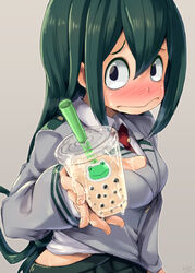  4shi asui_tsuyu black_eyes black_skirt blush boku_no_hero_academia breasts bubble_tea commentary_request female frog_egg from_side green_hair grey_jacket hair_between_eyes hair_rings highres jacket long_hair long_sleeves looking_at_viewer low-tied_long_hair medium_breasts school_uniform signature skirt solo suspicious_egg_dish u.a._school_uniform upper_body 