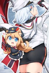  ass azur_lane blue_eyes breasts commentary_request female from_behind fur-trimmed_legwear fur_trim gloves hair_between_eyes hat highres imperial_war_flag long_sleeves looking_at_viewer looking_back medium_breasts meowfficer_(azur_lane) oscar_(azur_lane) parted_lips peaked_cap pencil_skirt short_hair skirt solo standing tero_tero thighhighs thighs tirpitz_(azur_lane) white_gloves white_hair 