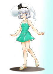  adapted_costume alternate_costume black_ribbon blue_eyes blush camisole commentary_request dress female full_body green_dress hair_ribbon highres hitodama hoshikawa_tsukimi konpaku_youmu konpaku_youmu_(ghost) looking_at_viewer petticoat ribbon sandals short_hair smile standing touhou white_hair 