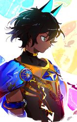  1boy arjuna_alter armlet black_hair blue_eyes cropped_torso dark_skin dark_skinned_male fate/grand_order fate_(series) male_focus namie-kun profile short_hair 