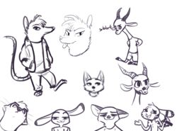  2019 ambiguous_gender american_opossum antelope anthro barefoot bovid buckteeth canid canine cheek_tuft chico_(fuel) clothed clothing dipstick_ears disney ear_markings english_text facial_markings facial_tuft fan_character feet fox fuel_(artist) fur fur_markings gazelle gesture greyscale group gun hand_in_pocket handgun hands_in_both_pockets hands_on_hips head_markings head_tuft hi_res holding_gun holding_object holding_ranged_weapon holding_weapon horn jack_savage jacket judy_hopps lagomorph leporid looking_at_viewer mammal markings marsupial monochrome multicolored_ears mustelid neck_tuft nick_wilde oliver_(fuel) open_clothing open_jacket open_mouth open_smile open_topwear otter pistol pockets rabbit ranged_weapon red_fox shrug simple_background sketch_page skye_(zootopia) smile standing teeth text tongue tongue_out topwear true_fox tuft weapon whiskers white_background zelda_(fuel) zootopia 