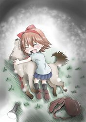  absurdres animal backpack bag blood blush bow canine commentary crying death female flashlight grass hairband hairbow highres hug injury kneehighs light_particles lolicon night open_mouth protagonist_(yomawari) sad shirt skirt sobbing socks solo t-shirt tears toryo_(sinsei2413) yomawari yomawari_(series) 