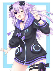  adult_neptune blush bracelet breasts choker cleavage commentary_request d-pad d-pad_hair_ornament female hair_between_eyes hair_ornament highres hood hooded_jacket jacket jewelry long_hair looking_at_viewer medium_breasts neptune_(series) one_eye_closed open_mouth purple_eyes purple_hair seshiro_(which501) shin_jigen_game_neptune_vii smile solo thigh_strap usb v very_long_hair 