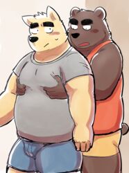  2019 anthro barazoku bear black_nose blush bottomwear brown_body brown_fur canid canine canis chest_grab clothing domestic_dog duo fur grope groping_from_behind hug hugging_another hugging_from_behind humanoid_hands kick_(artist) male male/male mammal moob_grab moobs overweight overweight_male shirt shorts topwear 