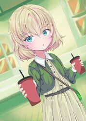  :o bag belt black_belt blonde_hair blue_eyes blurry blurry_background carrying casual collared_dress commentary cup depth_of_field disposable_cup dress drinking_straw dutch_angle female girls_und_panzer green_sweater handbag holding holding_cup indoors katyusha_(girls_und_panzer) long_sleeves looking_at_viewer medium_dress parted_lips shibagami short_hair solo standing sweater window yellow_dress 