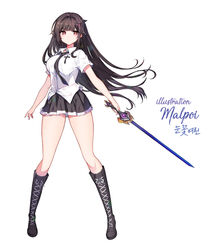  ass_visible_through_thighs bad_id bad_pixiv_id bare_arms black_footwear black_necktie black_skirt boots breasts brown_hair collared_shirt cross cross-laced_footwear dress_shirt female floating_hair full_body hair_ornament holding holding_sword holding_weapon knee_boots lace-up_boots large_breasts latin_cross long_hair long_legs looking_at_viewer mal_poi miniskirt necktie original photoshop_(medium) pleated_skirt red_eyes school_uniform shirt short_sleeves sidelocks simple_background skirt solo standing sword thighs very_long_hair weapon white_background white_shirt 