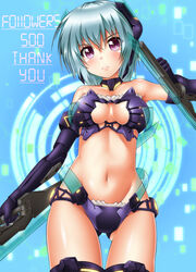  absurdres armor ass_visible_through_thighs bikini bikini_armor black_thighhighs blue_gloves blue_hair blush breasts cat_cutout cleavage_cutout clothing_cutout commentary_request derivative_work elbow_gloves female frame_arms_girl gloves highres hresvelgr looking_at_viewer mecha_musume medium_breasts milestone_celebration navel oooqqq purple_eyes shiny_skin short_hair solo swimsuit sword thank_you thighhighs thighs weapon 