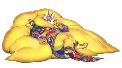  2018 4_toes 5_fingers barefoot belly big_tail bodypaint canid canine clothing dessert face_paint feet fingers food fox fur hi_res huge_tail hyper hyper_tail ice_cream jacketbear kabuki male mammal nipples occult_symbol open_mouth open_smile overweight overweight_male pawpads pentagram pink_eyes reclining ring sitting smile symbol tail toes yellow_body yellow_fur 