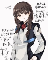  aka_ive braid brown_eyes brown_hair commentary_request cowboy_shot cropped_jacket female jacket long_hair long_sleeves looking_at_viewer nishio_rina open_mouth partial_commentary simple_background skirt solo soukyuu_no_fafner translation_request twin_braids uniform white_background 