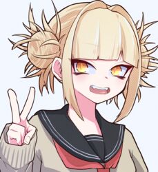  absurdres bad_id bad_pixiv_id blonde_hair boku_no_hero_academia commentary double_bun fangs female hair_bun highres jipponwazaari long_sleeves looking_at_viewer messy_hair school_uniform short_hair simple_background smile solo toga_himiko upper_body v white_background yellow_eyes 