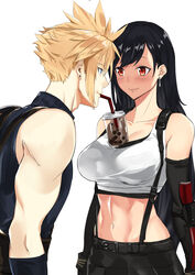  1boy arm_guards black_hair black_skirt blazingchaos blue_eyes blush breasts brown_eyes bubble_tea bubble_tea_challenge cloud_strife collarbone commentary crop_top drinking drinking_straw elbow_gloves eye_contact female final_fantasy final_fantasy_vii final_fantasy_vii_remake gloves large_breasts long_hair looking_at_another midriff shirt simple_background skirt sleeveless sleeveless_turtleneck smile spiked_hair suspender_skirt suspenders taut_clothes taut_shirt tifa_lockhart toned turtleneck white_background 