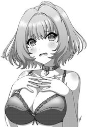  bare_shoulders blush bra breasts cleavage collar collarbone commentary_request covered_nipples female furrowed_brow greyscale hair_intakes hands_on_own_chest hands_up heart-shaped_lock highres idolmaster idolmaster_cinderella_girls large_breasts looking_up monochrome no_shirt oerba_yun_fang open_mouth short_hair signature simple_background solo tareme tongue underwear upper_body vzmk2 wavy_mouth white_background yumemi_riamu 