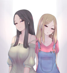  2girls black_hair blonde_hair bra_strap breasts chinese_commentary commentary_request denim earrings half-closed_eyes jewelry long_hair looking_at_viewer multiple_girls nikuku_(kazedesune) off-shoulder_shirt off_shoulder original overalls puffy_sleeves purple_eyes shirt sidelocks simple_background smile strap_slip upper_body 