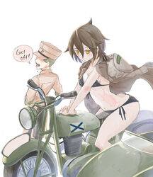  1boy bikini black_bikini blood blush brown_hair commentary_request english_text female hair_between_eyes hat highres ikeshiki-chuujou jacket jacket_on_shoulders military military_hat military_uniform motor_vehicle motorcycle nosebleed original riding scar short_hair sweat swimsuit umikaze_kei uniform white_background yellow_eyes 