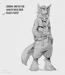  anthro bottomwear canid canine clothed clothing fox fur hi_res majmajor male mammal oversized_bottomwear oversized_clothing oversized_pants pants simple_background solo standing topwear 