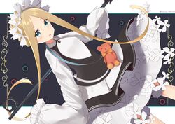  abigail_williams_(fate) abigail_williams_(festival_outfit)_(fate) absurdres apron artist_name black_skirt blonde_hair bloomers blue_eyes bow butterfly_hair_ornament commentary_request fate/grand_order fate_(series) female hair_ornament highres key long_hair looking_at_viewer maid maid_apron maid_headdress official_alternate_costume orange_bow parted_bangs skirt sleeves_past_fingers sleeves_past_wrists stuffed_animal stuffed_toy teddy_bear underwear white_bow yomogi_uehara 